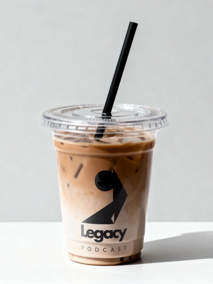 Iced coffee cup printed with the Legacy Podcast mark