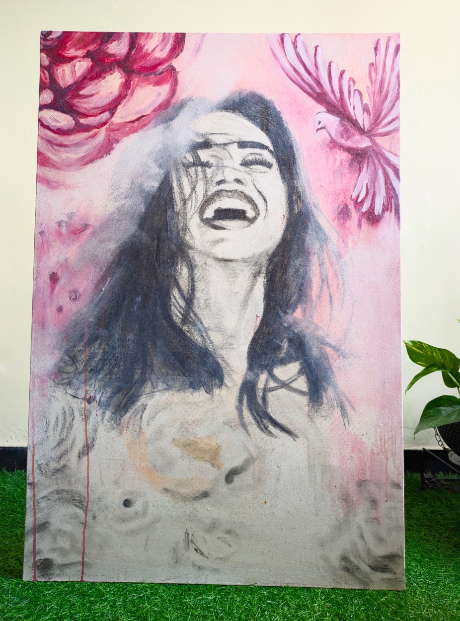 Oil painting of a laughing woman, pink flowers, and a dove