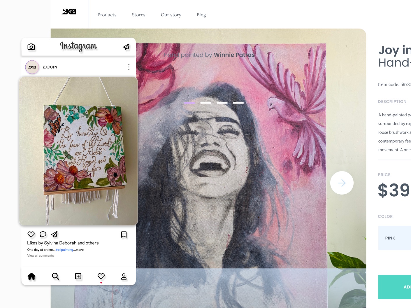 2XCOIN shop page and Instagram post for the Joy in Bloom painting