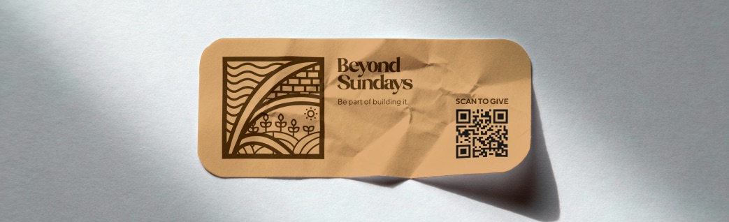 Crumpled Beyond Sundays sticker with a QR code