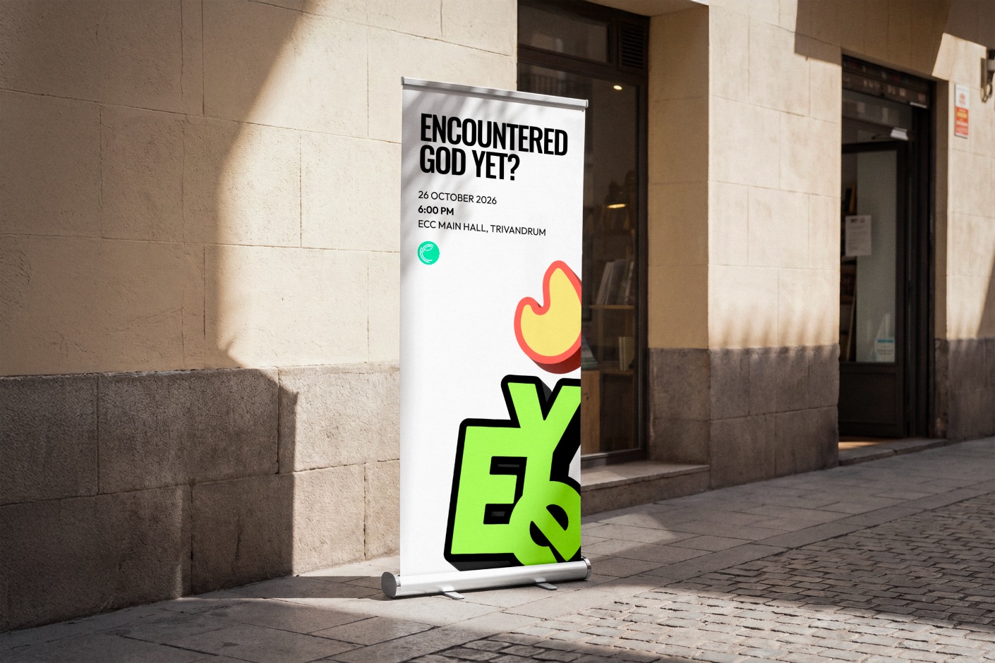 EYE roll-up banner with a leaf shadow