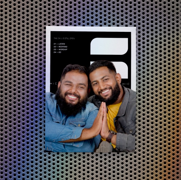 Hicall poster of two men on a perforated metal wall