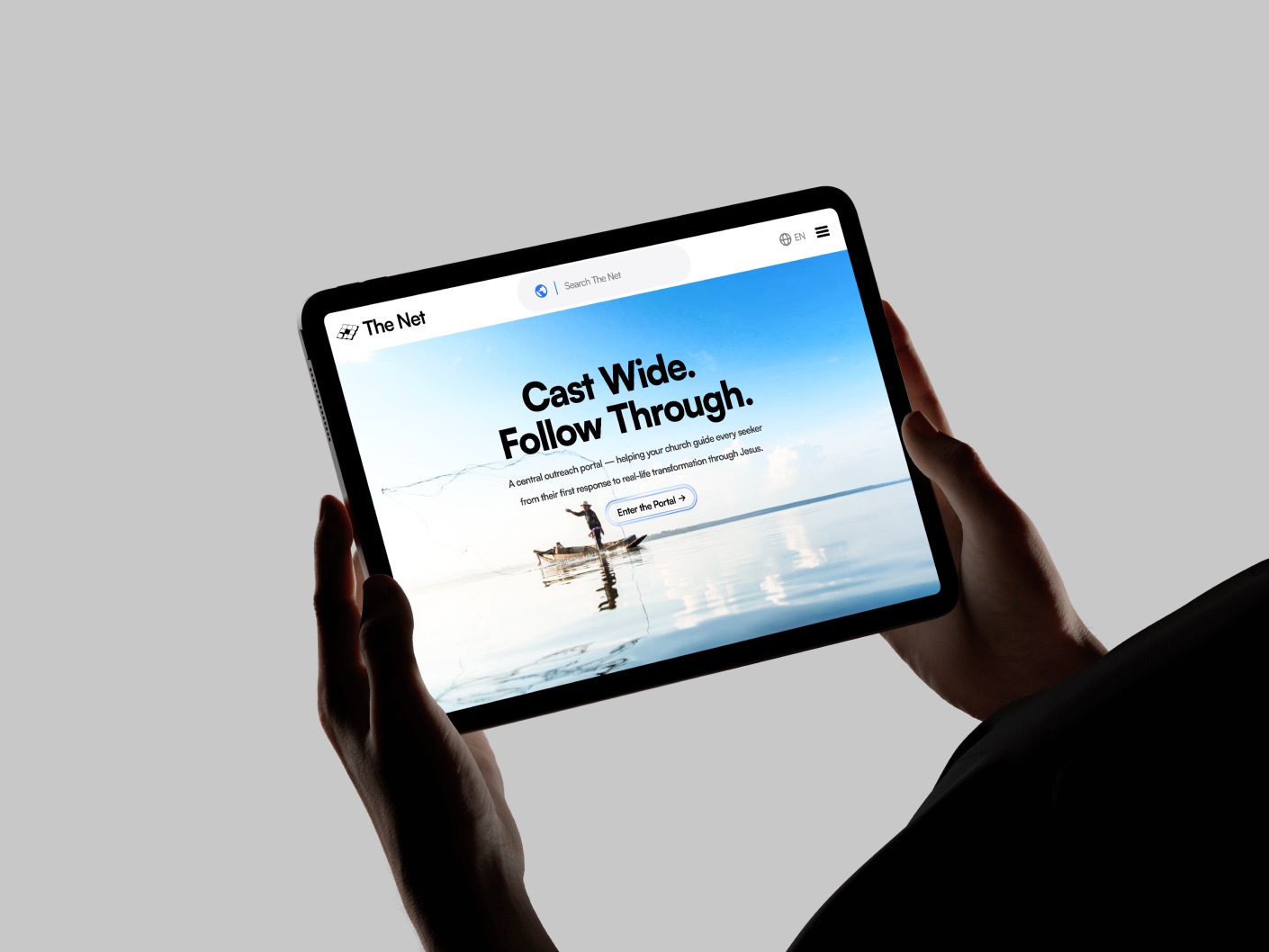 Tablet showing The Net page Cast Wide. Follow Through.